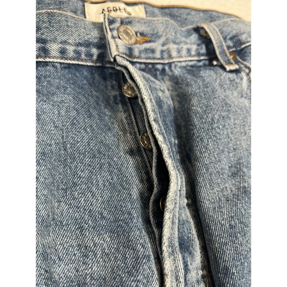 Agolde‎ Harley Denim And Leather Panel High Rise Straight Leg Jeans Blue Size 34